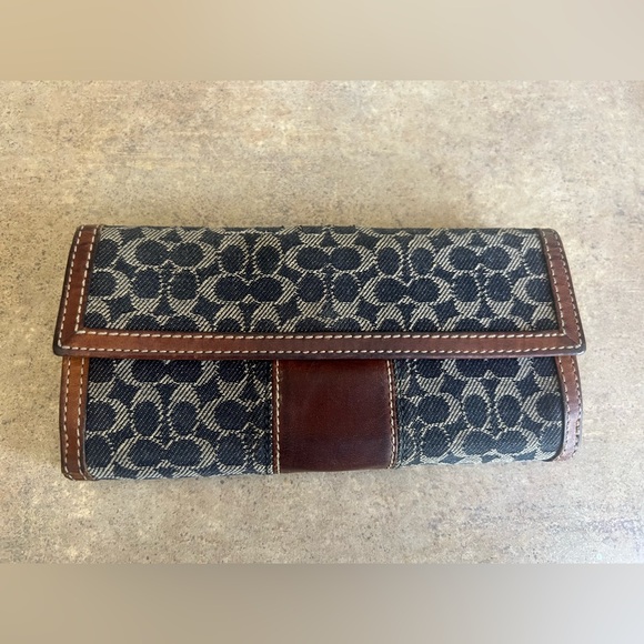 Coach Signature Monogram Denim Blue and Brown Wallet Large - Picture 1 of 5